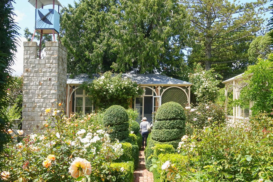 Looking to the Tea Room from the Rose Garden at Ohinetahi